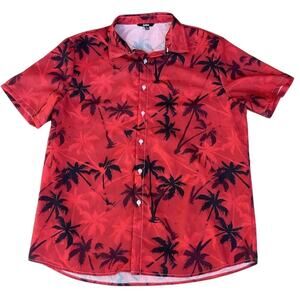 Men's Hawaiian Shirt XL Red Palm Tree Print Short Sleeve Button-Up